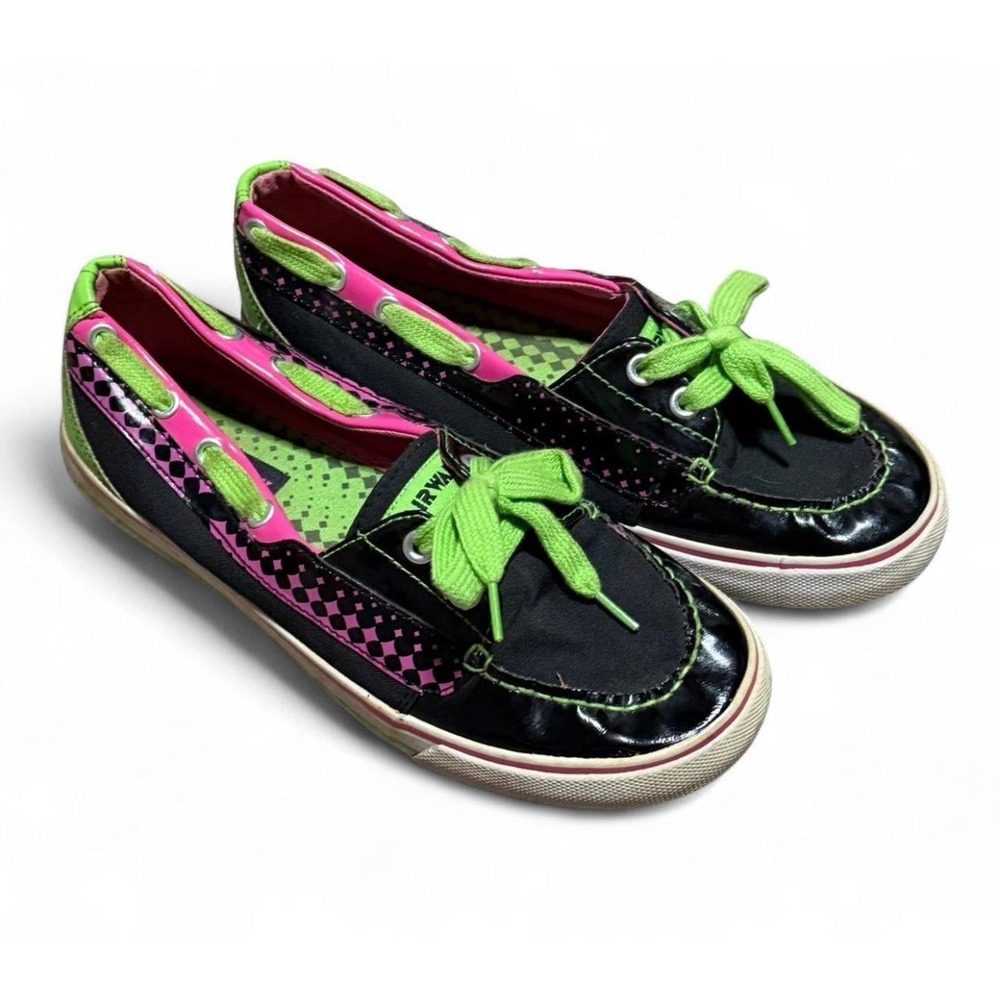 Airwalk Womens 7.5 Black Pink Green Checker Skate Boat Shoes Y2K